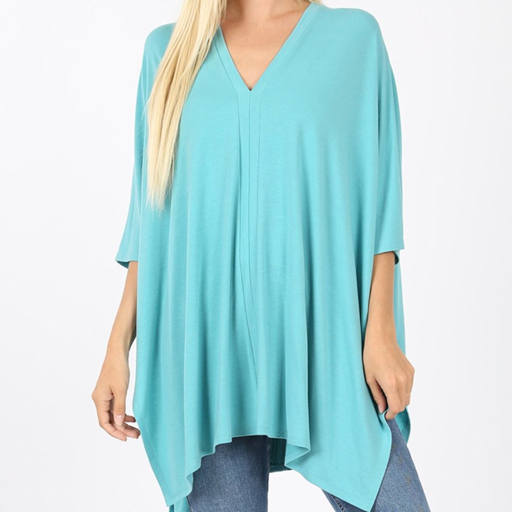ZENANA Large Poncho Relaxed Ash Mint Kimono Style Large Overhead Slit Top